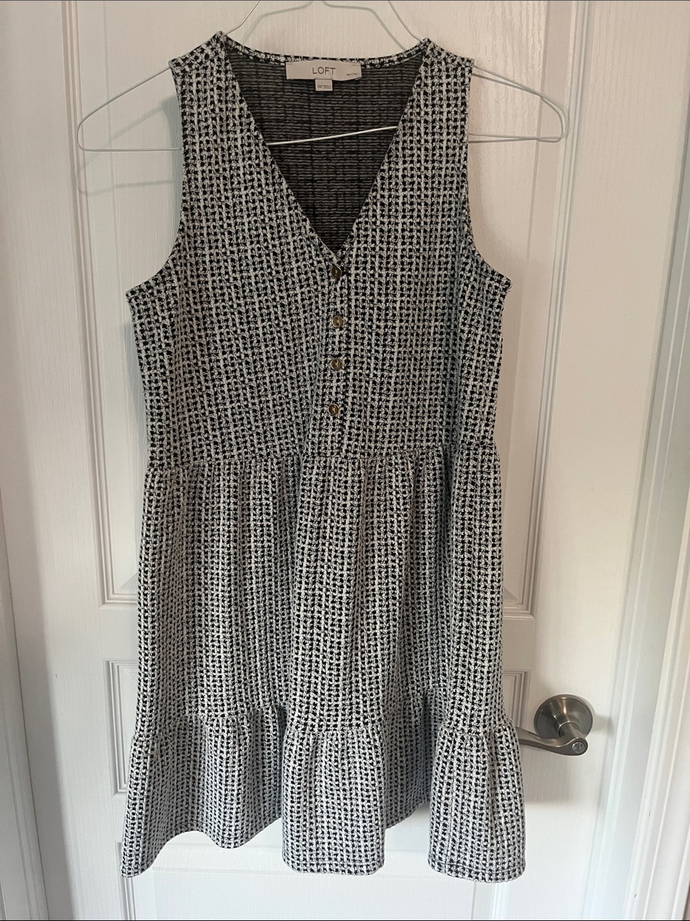 LOFT Black & White V-Neck Tiered Button Front Mini Dress